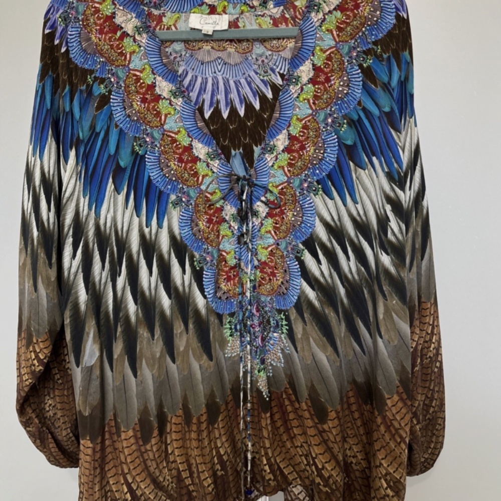 Camilla Australia Beaded Peacock Resort Cover Up Silk Lace Up Top Tunic  3 OS